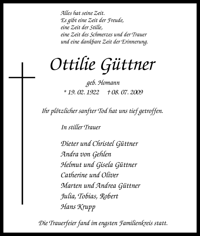  Traueranzeige für Ottilie Güttner vom 14.07.2009 aus Tageszeitung