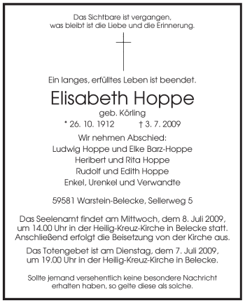 Traueranzeige von Elisabeth Hoppe von Tageszeitung