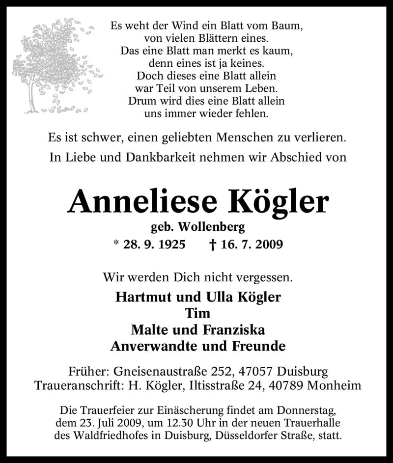  Traueranzeige für Anneliese Kögler vom 18.07.2009 aus Tageszeitung