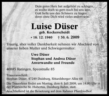 Traueranzeige von Luise Düser von Tageszeitung