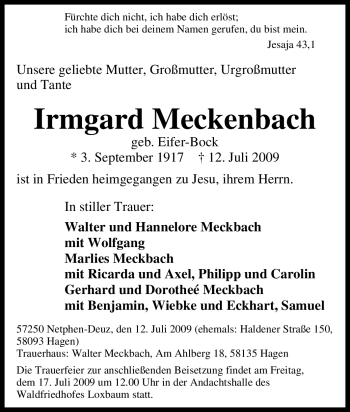Traueranzeige von Irmgard Meckenbach von Tageszeitung