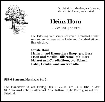 Traueranzeigen von Heinz Horn TrauerinNRW.de