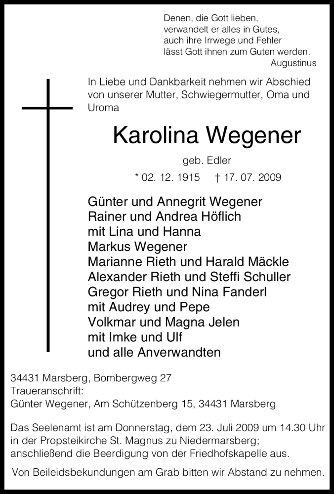 Traueranzeige für Karolina Wegener vom 20.07.2009 aus Tageszeitung