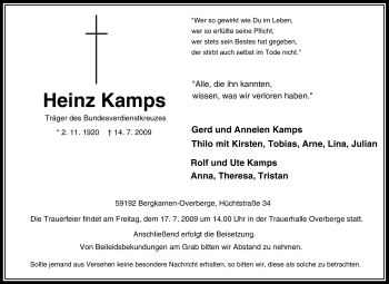 Traueranzeige von Heinz Kamps von Tageszeitung