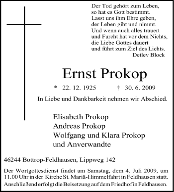 Traueranzeige von Ernst Prokop von Tageszeitung