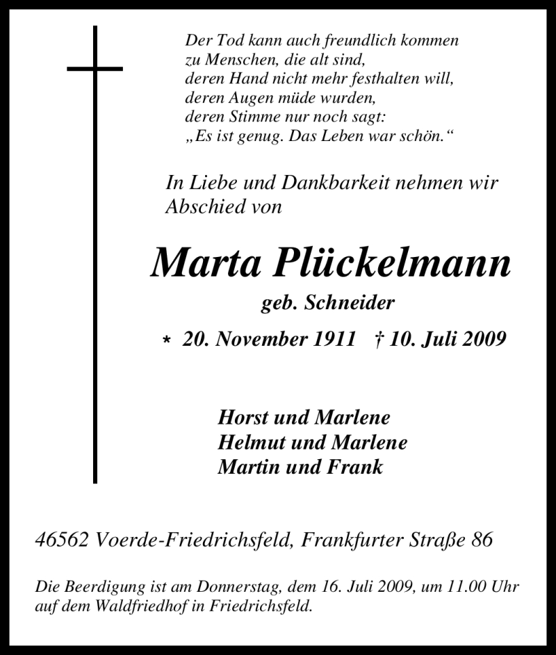  Traueranzeige für Marta Plückelmann vom 14.07.2009 aus Tageszeitung