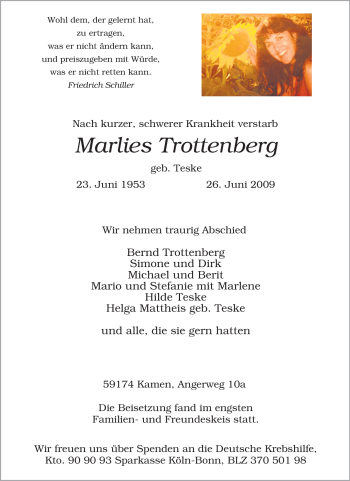 Traueranzeige von Marlies Trottenberg von Tageszeitung
