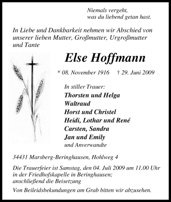 Traueranzeige von Else Hoffmann von Tageszeitung