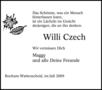 Traueranzeige von Willi Czech von Tageszeitung