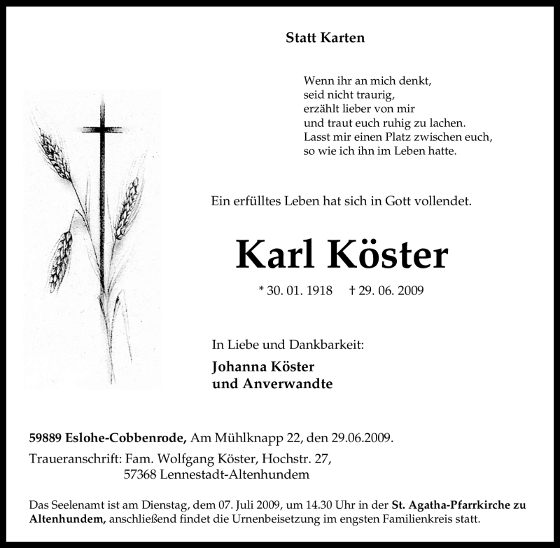 Traueranzeigen von Karl Köster | Trauer-in-NRW.de