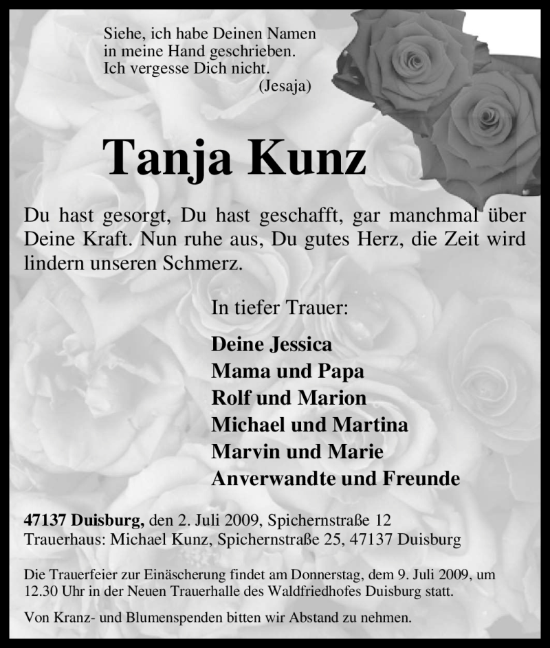 Traueranzeige für Tanja Kunz vom 06.07.2009 aus Tageszeitung