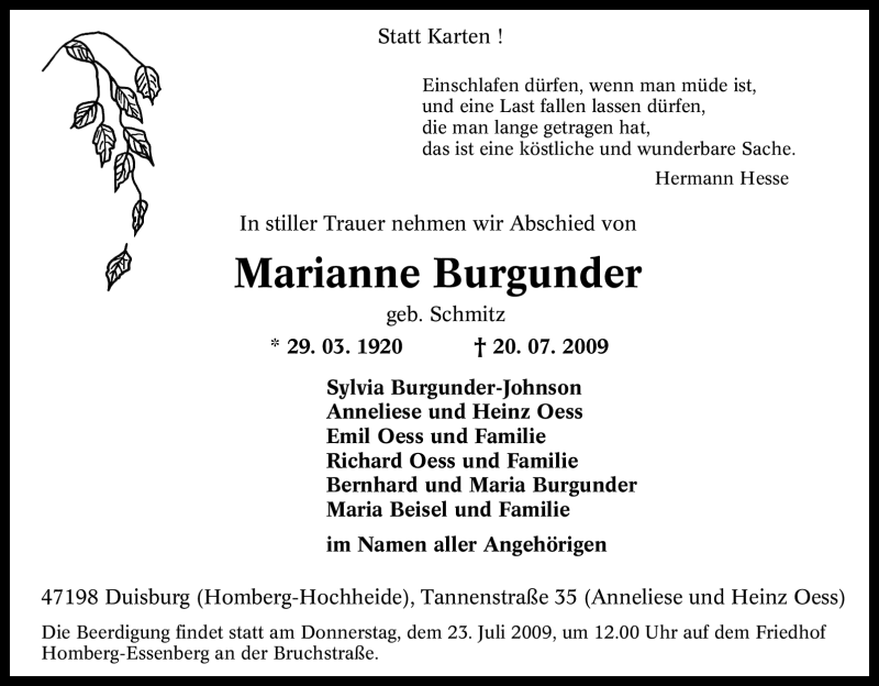  Traueranzeige für Marianne Burgunder vom 22.07.2009 aus Tageszeitung
