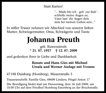 Traueranzeige von Johanna Preuth von Tageszeitung