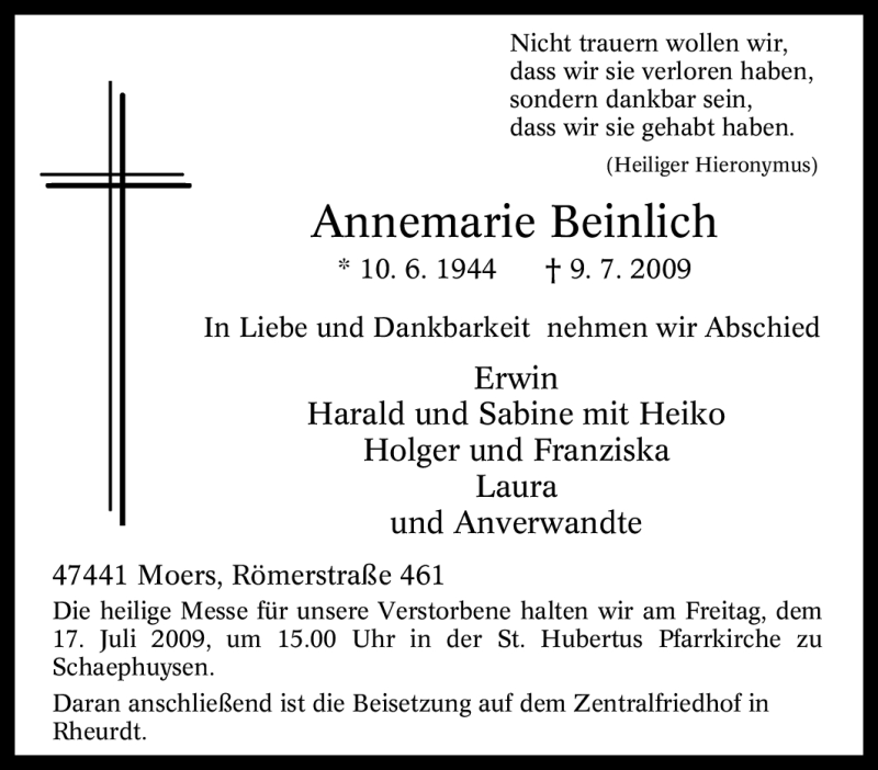  Traueranzeige für Annemarie Beinlich vom 14.07.2009 aus Tageszeitung