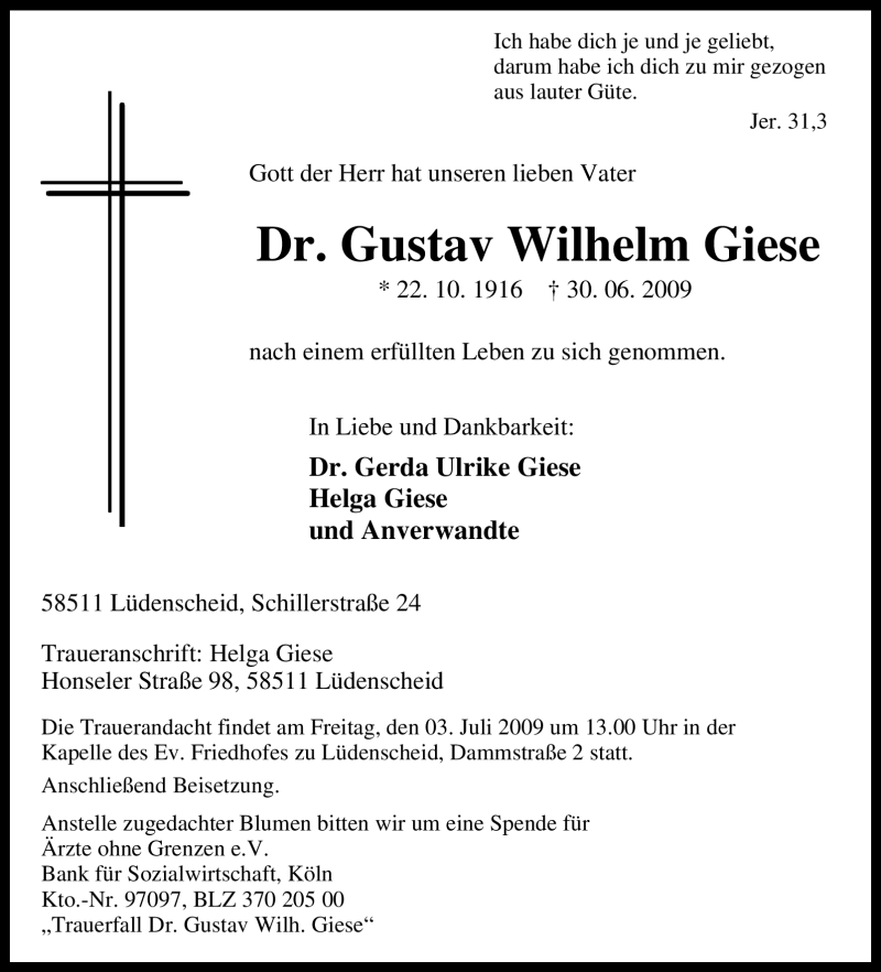  Traueranzeige für Gustav Wilhelm Giese vom 02.07.2009 aus Tageszeitung