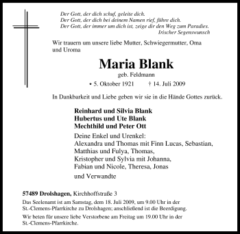 Traueranzeige von Maria Blank von Tageszeitung