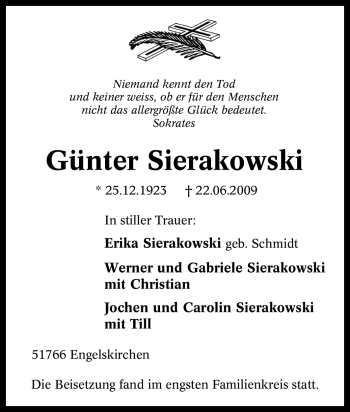 Traueranzeige von Günter Sierakowski von Tageszeitung