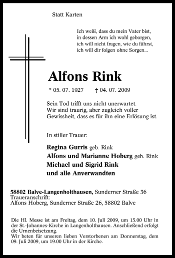 Traueranzeige von Alfons Rink von Tageszeitung