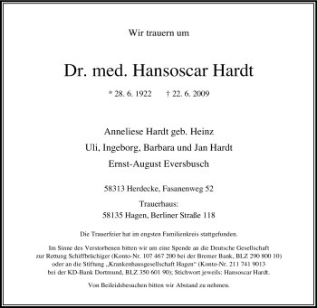 Traueranzeige von Hansoscar Hardt von Tageszeitung