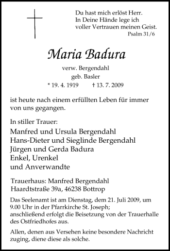 Traueranzeige von Maria Badura von Tageszeitung