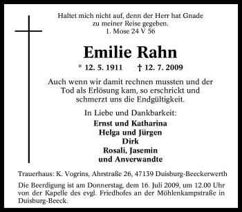 Traueranzeige von Emilie Rahn von Tageszeitung