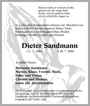 Traueranzeige von Dieter Sandmann von Tageszeitung