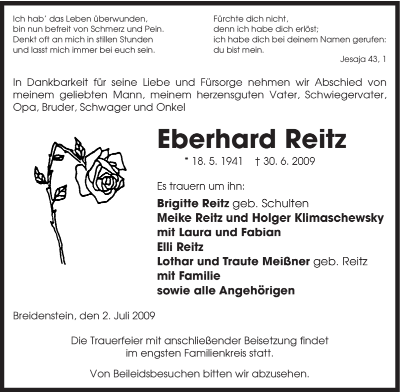  Traueranzeige für Eberhard Reitz vom 02.07.2009 aus Tageszeitung