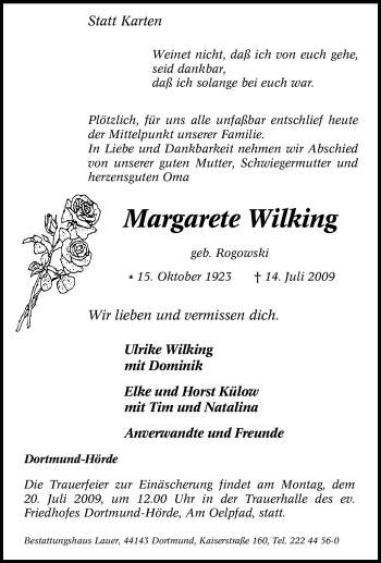 Traueranzeige von Margarete Wilking von Tageszeitung