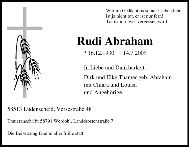  Traueranzeige für Rudi Abraham vom 18.07.2009 aus Tageszeitung