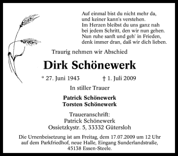 Traueranzeige von Dirk Schönewerk von Tageszeitung
