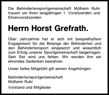 Traueranzeige von Horst Grefrath von Tageszeitung