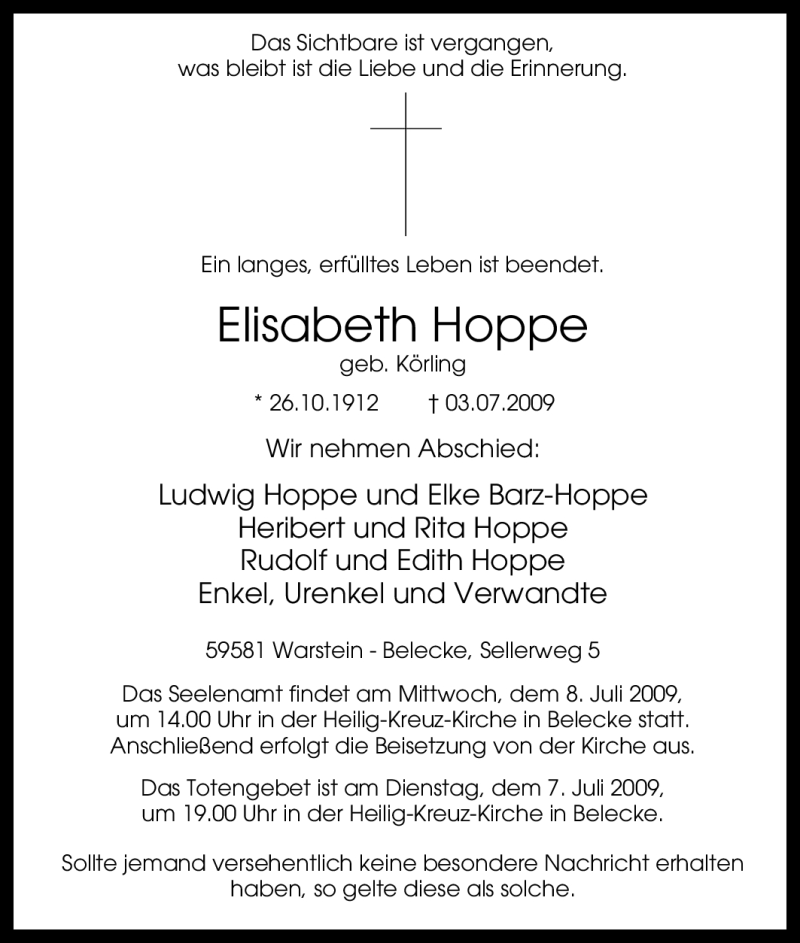  Traueranzeige für Elisabeth Hoppe vom 06.07.2009 aus Tageszeitung