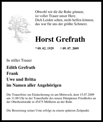 Traueranzeige von Horst Grefrath von Tageszeitung