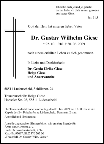 Traueranzeige von Gustav Wilhelm Giese von Tageszeitung