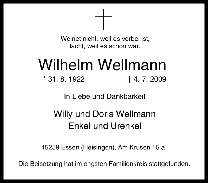  Traueranzeige für Wilhelm Wellmann vom 15.07.2009 aus Tageszeitung