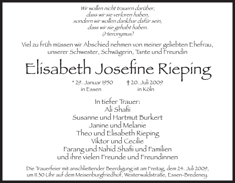  Traueranzeige für Elisabeth Josefine Rieping vom 22.07.2009 aus Tageszeitung