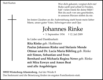 Traueranzeige von Johannes Rinke von Tageszeitung