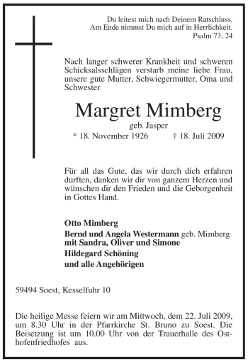 Traueranzeige von Margret Mimberg von Tageszeitung