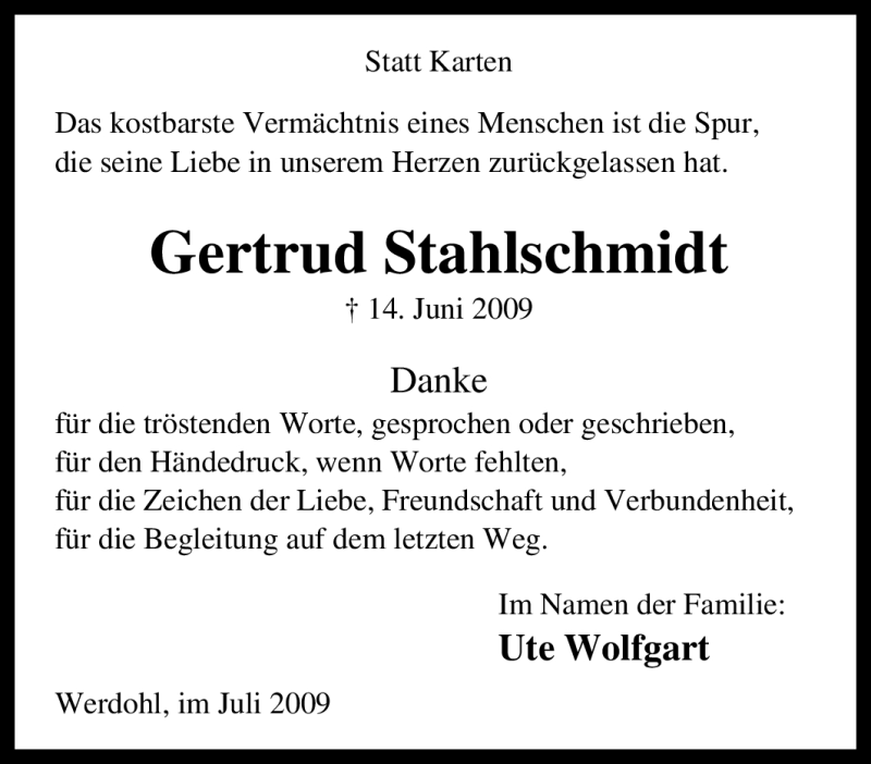  Traueranzeige für Gertrud Stahlschmidt vom 11.07.2009 aus Tageszeitung
