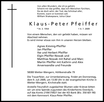 Traueranzeige von Klaus-Peter Pfeiffer von Tageszeitung