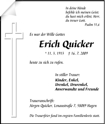 Traueranzeige von Erich Quicker von Tageszeitung