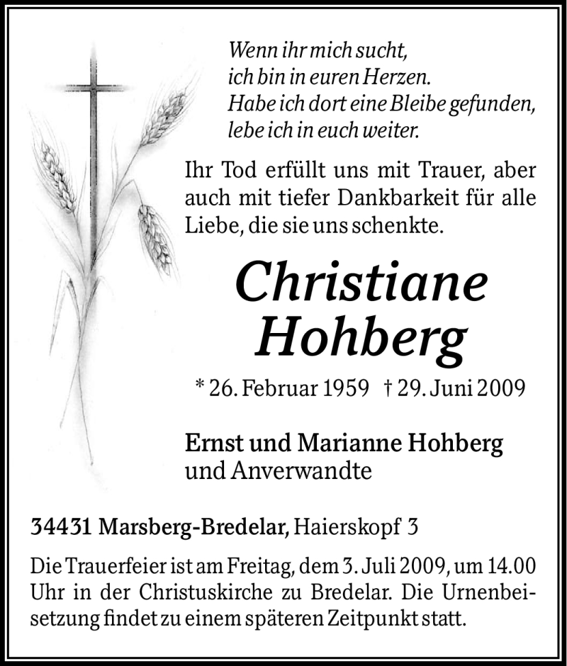  Traueranzeige für Christiane Hohberg vom 01.07.2009 aus Tageszeitung