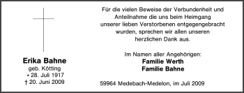 Traueranzeige von Erika Bahne von Tageszeitung