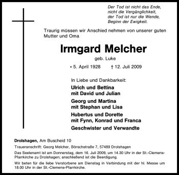 Traueranzeige von Irmgard Melcher von Tageszeitung