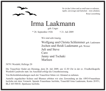 Traueranzeige von Irma Laakmann von Tageszeitung