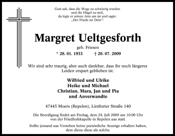 Traueranzeige von Margret Ueltgesforth von Tageszeitung