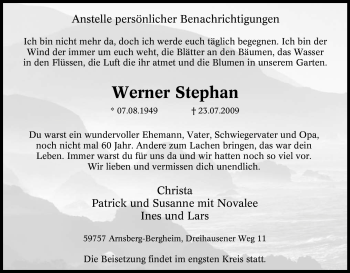 Traueranzeige von Werner Stephan von Tageszeitung