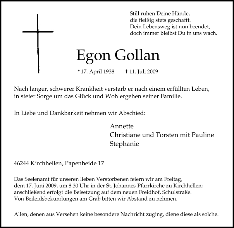 Traueranzeigen Von Egon Gollan Trauer In Nrwde