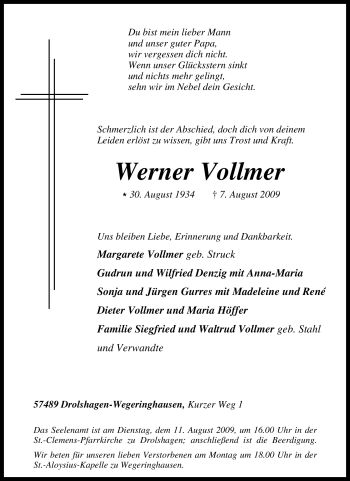 Traueranzeige von Werner Vollmer von Tageszeitung