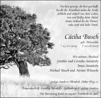 Traueranzeige von Cäcilia Busch von Tageszeitung